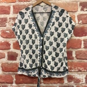 Lucky Brand Top Women's M White Multicolor Boho Floral Slubbed Casual Tie Waist
